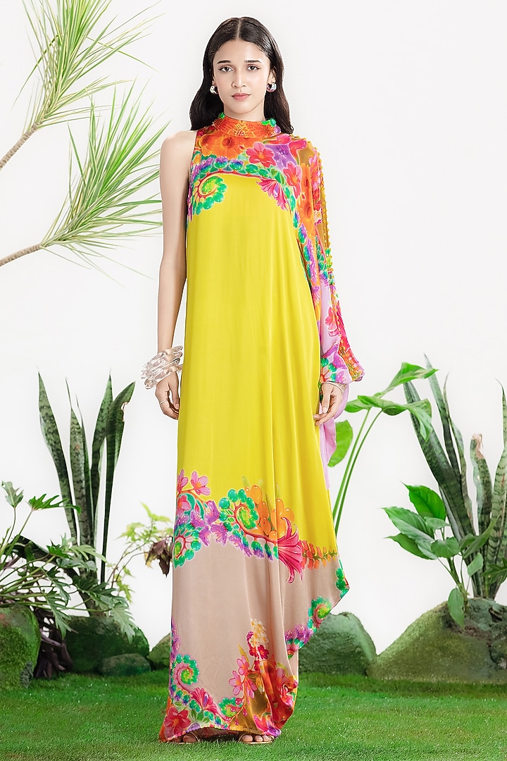 Yellow Bamberg Satin Printed One-Shoulder Kaftan Vacation Dress by SIDDHARTHA BANSAL at Pernia's Pop Up Shop