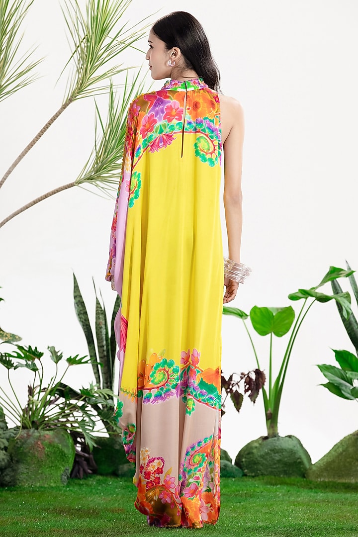 Yellow Bamberg Satin Printed One-Shoulder Kaftan Vacation Dress by SIDDHARTHA BANSAL at Pernia's Pop Up Shop