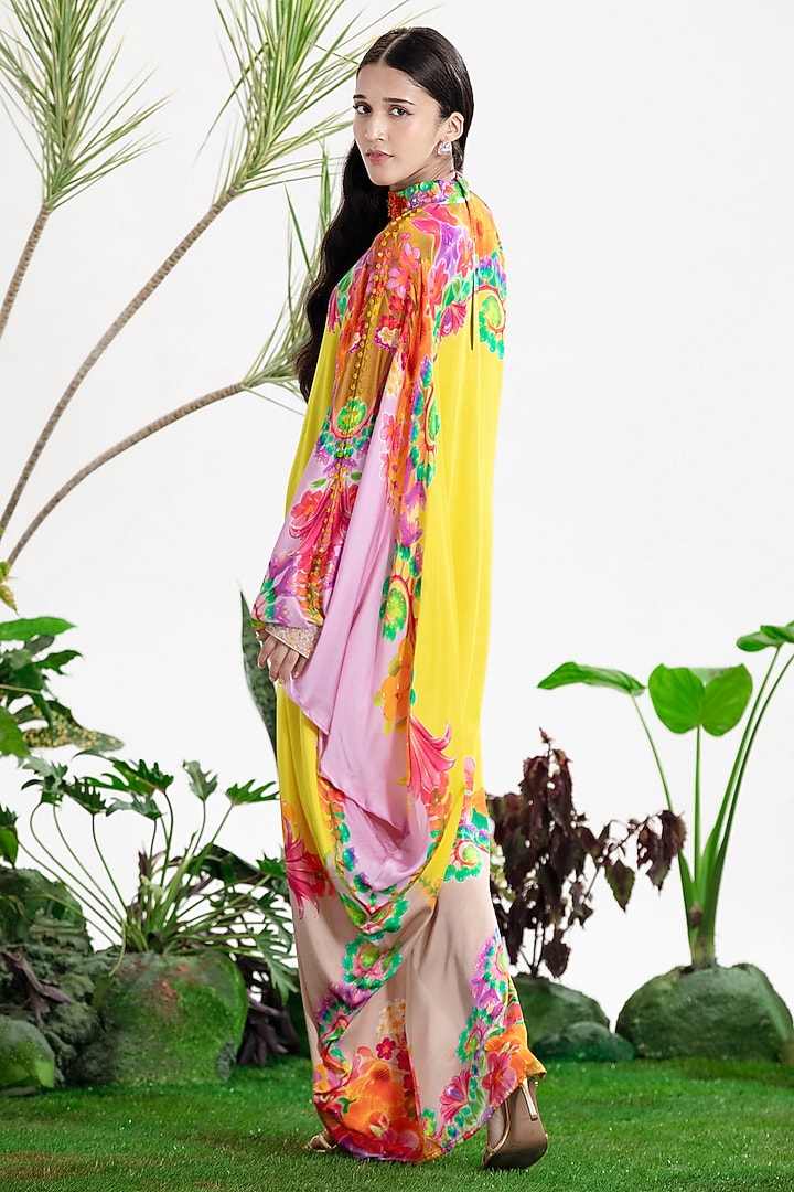 Yellow Bamberg Satin Printed One-Shoulder Kaftan Vacation Dress by SIDDHARTHA BANSAL at Pernia's Pop Up Shop