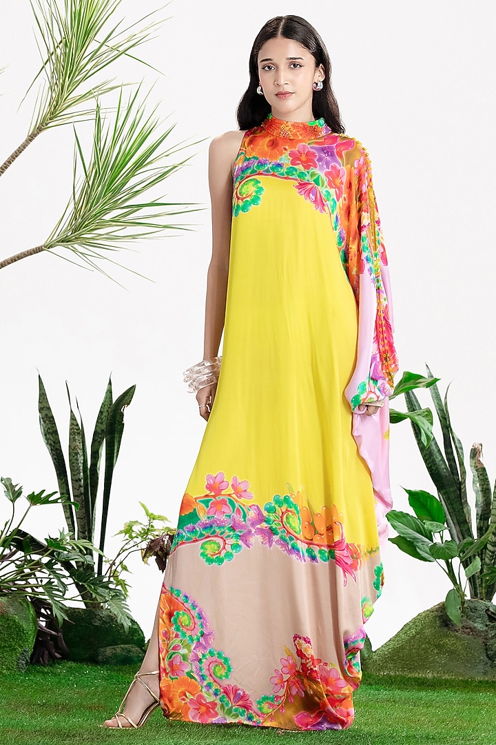 Yellow Bamberg Satin Printed One-Shoulder Kaftan Vacation Dress by SIDDHARTHA BANSAL at Pernia's Pop Up Shop