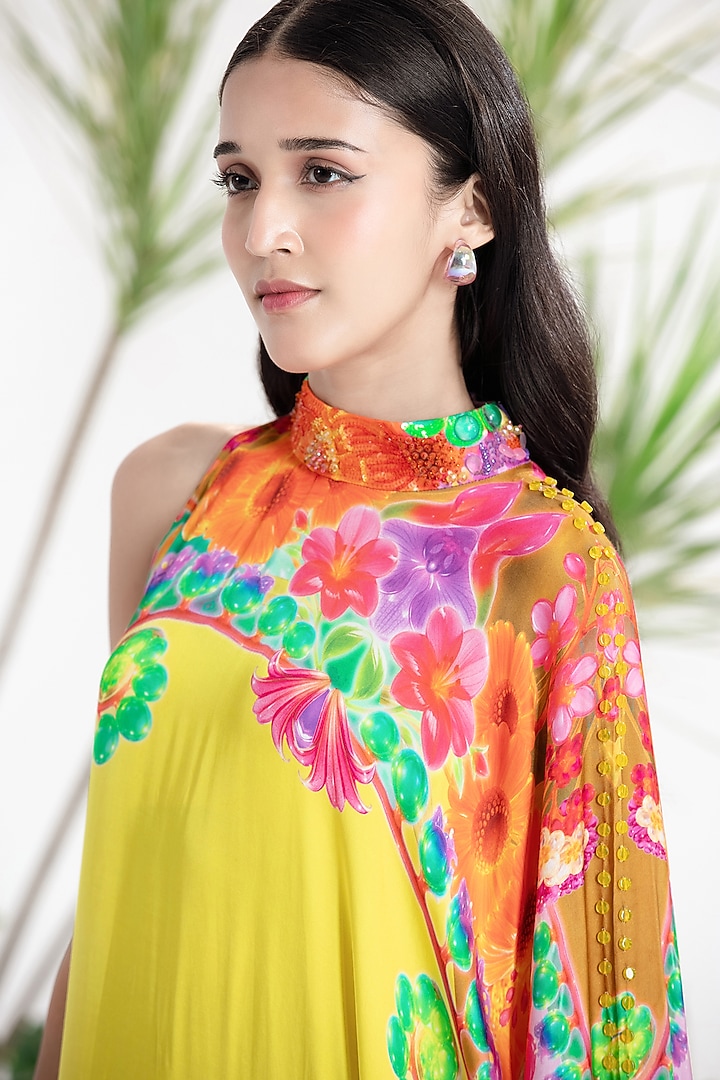 Yellow Bamberg Satin Printed One-Shoulder Kaftan Vacation Dress by SIDDHARTHA BANSAL at Pernia's Pop Up Shop