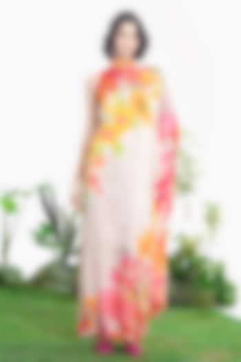 Ivory Bamberg Satin Floral Printed One-Shoulder Kaftan Vacation Dress by SIDDHARTHA BANSAL at Pernia's Pop Up Shop