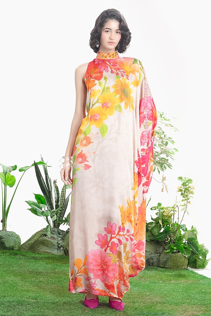 Ivory Bamberg Satin Floral Printed One-Shoulder Kaftan Vacation Dress by SIDDHARTHA BANSAL at Pernia's Pop Up Shop
