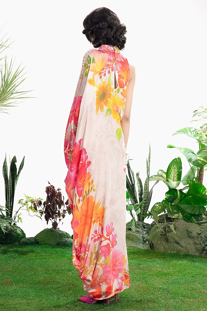 Ivory Bamberg Satin Floral Printed One-Shoulder Kaftan Vacation Dress by SIDDHARTHA BANSAL at Pernia's Pop Up Shop
