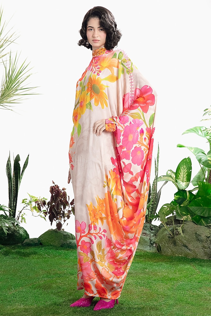 Ivory Bamberg Satin Floral Printed One-Shoulder Kaftan Vacation Dress by SIDDHARTHA BANSAL at Pernia's Pop Up Shop