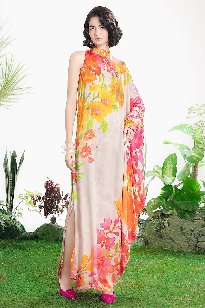 Ivory Bamberg Satin Floral Printed One-Shoulder Kaftan Vacation Dress by SIDDHARTHA BANSAL at Pernia's Pop Up Shop