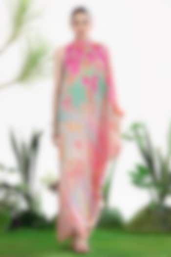 Soft Pink Bamberg Satin Printed One-Shoulder Kaftan Vacation Dress by SIDDHARTHA BANSAL at Pernia's Pop Up Shop