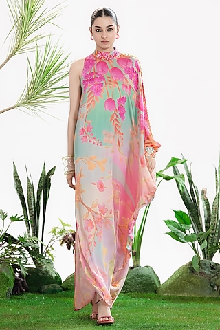 Soft Pink Bamberg Satin Printed One-Shoulder Kaftan Dress by SIDDHARTHA BANSAL