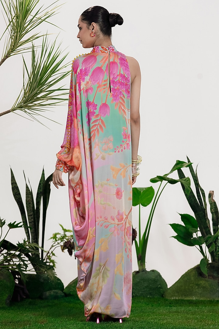Soft Pink Bamberg Satin Printed One-Shoulder Kaftan Vacation Dress by SIDDHARTHA BANSAL at Pernia's Pop Up Shop