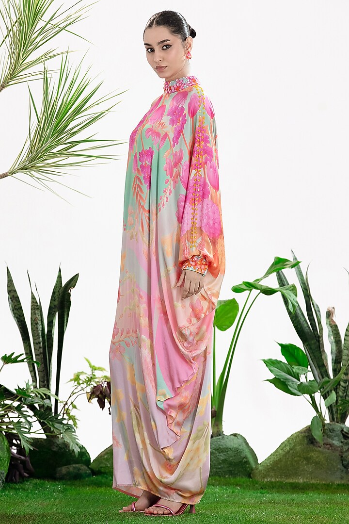 Soft Pink Bamberg Satin Printed One-Shoulder Kaftan Vacation Dress by SIDDHARTHA BANSAL at Pernia's Pop Up Shop