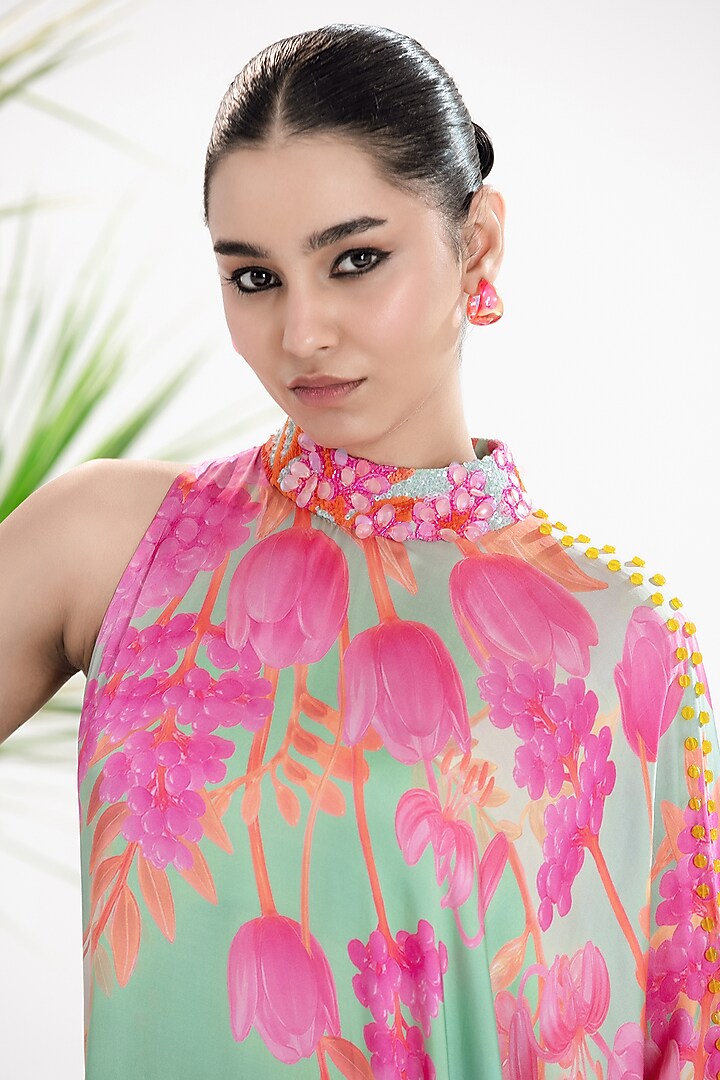 Soft Pink Bamberg Satin Printed One-Shoulder Kaftan Vacation Dress by SIDDHARTHA BANSAL at Pernia's Pop Up Shop