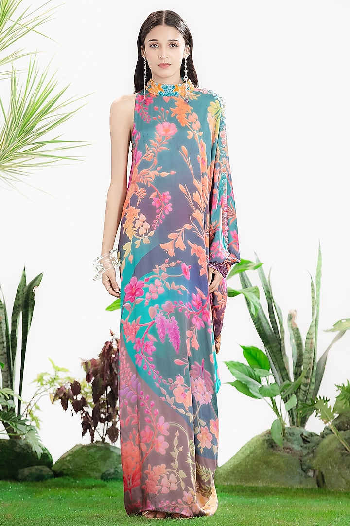 Blue Bamberg Satin Printed One-Shoulder Kaftan Vacation Dress by SIDDHARTHA BANSAL at Pernia's Pop Up Shop