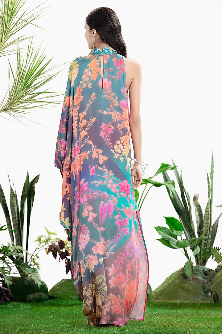 Blue Bamberg Satin Printed One-Shoulder Kaftan Vacation Dress by SIDDHARTHA BANSAL at Pernia's Pop Up Shop