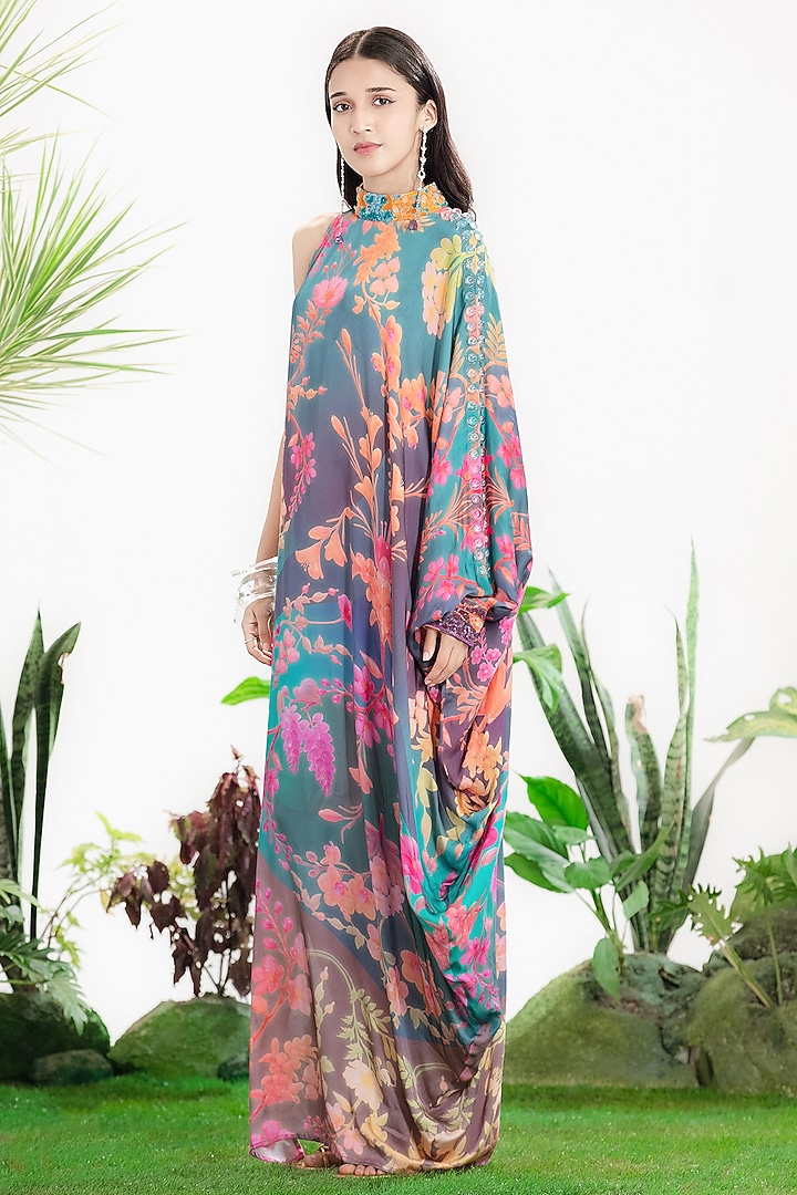 Blue Bamberg Satin Printed One-Shoulder Kaftan Vacation Dress by SIDDHARTHA BANSAL at Pernia's Pop Up Shop