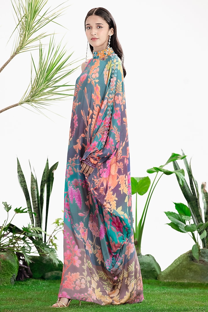 Blue Bamberg Satin Printed One-Shoulder Kaftan Vacation Dress by SIDDHARTHA BANSAL at Pernia's Pop Up Shop