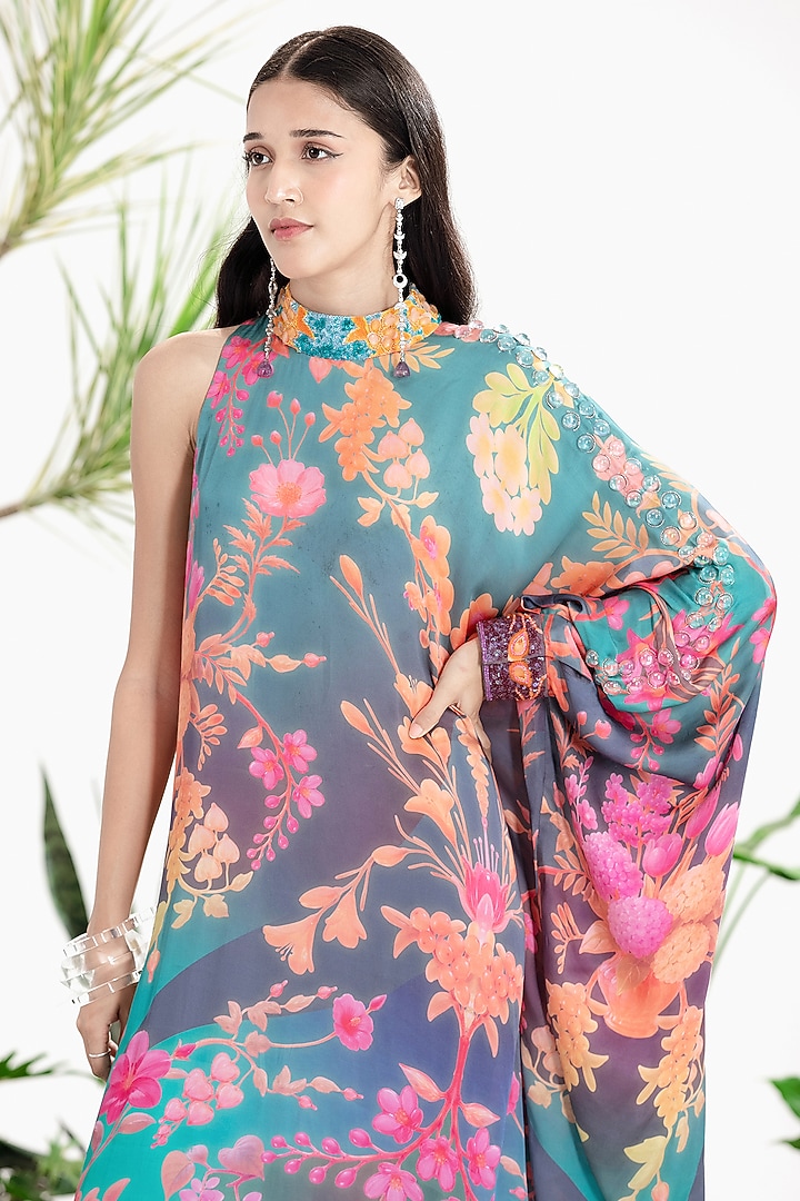 Blue Bamberg Satin Printed One-Shoulder Kaftan Vacation Dress by SIDDHARTHA BANSAL at Pernia's Pop Up Shop