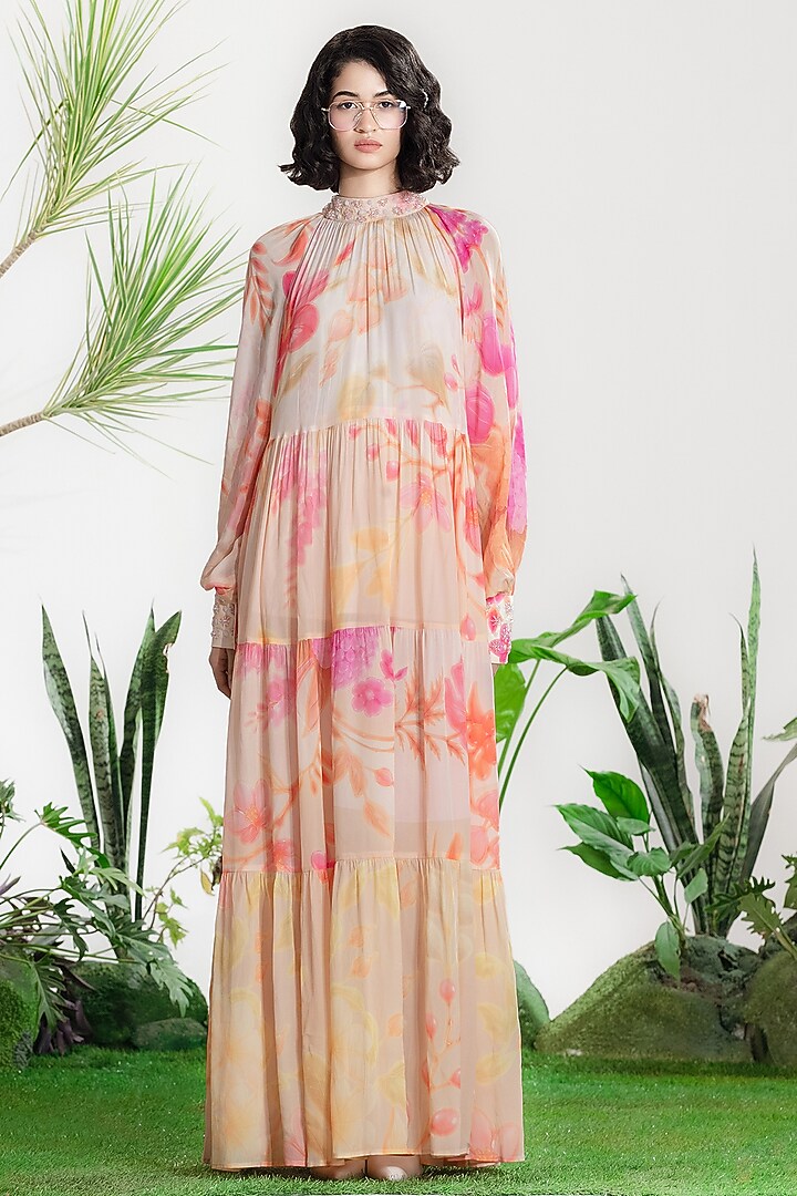 Multi-Colored Crepe Printed Tiered Vacation Dress by SIDDHARTHA BANSAL at Pernia's Pop Up Shop