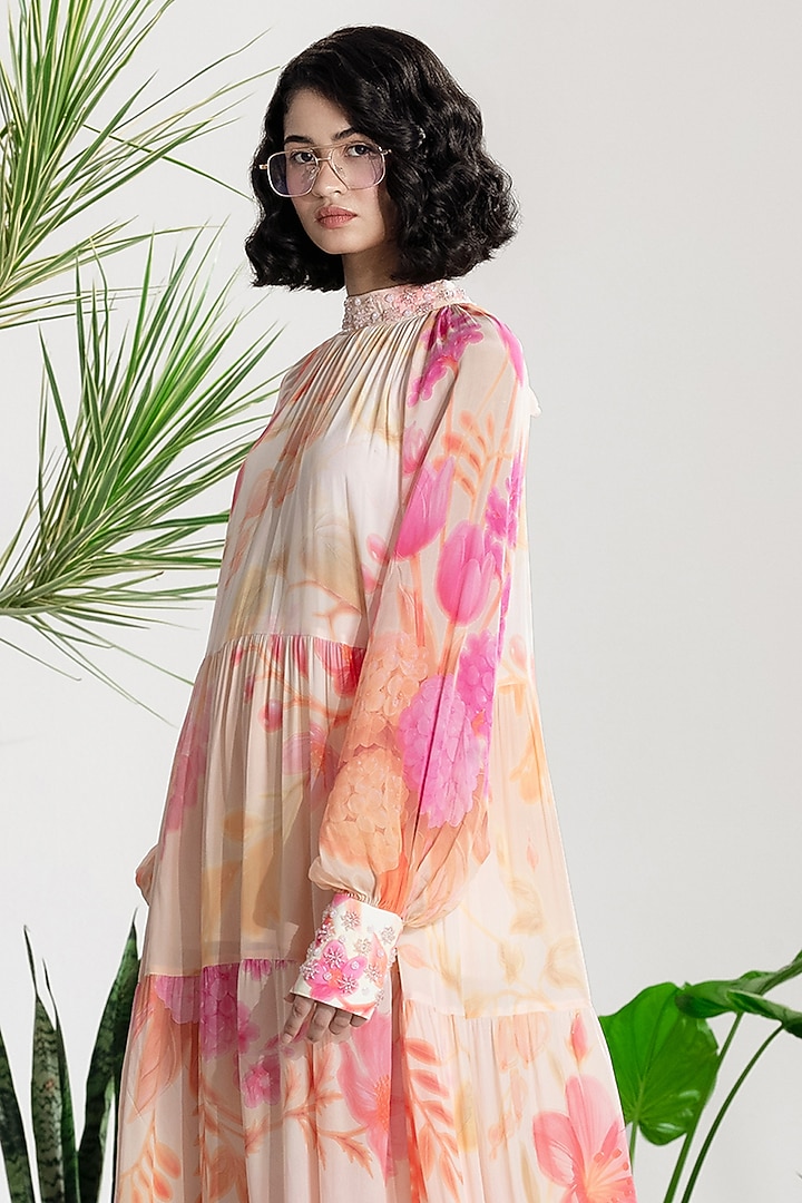 Multi-Colored Crepe Printed Tiered Vacation Dress by SIDDHARTHA BANSAL at Pernia's Pop Up Shop