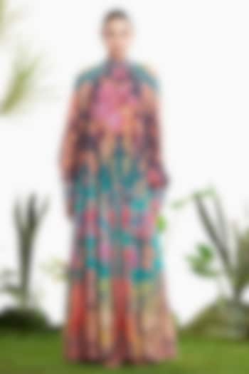 Teal Blue Crepe Printed Tiered Vacation Dress by SIDDHARTHA BANSAL at Pernia's Pop Up Shop