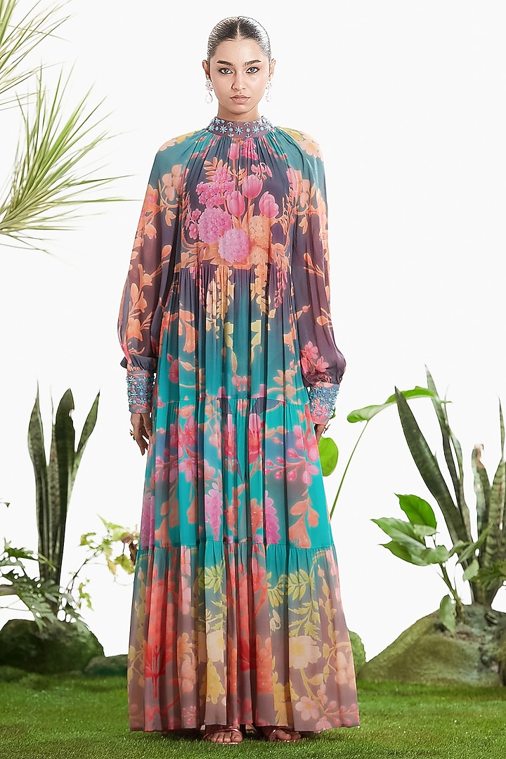 Teal Blue Crepe Printed Tiered Vacation Dress by SIDDHARTHA BANSAL at Pernia's Pop Up Shop