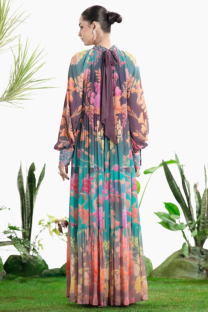 Teal Blue Crepe Printed Tiered Vacation Dress by SIDDHARTHA BANSAL at Pernia's Pop Up Shop