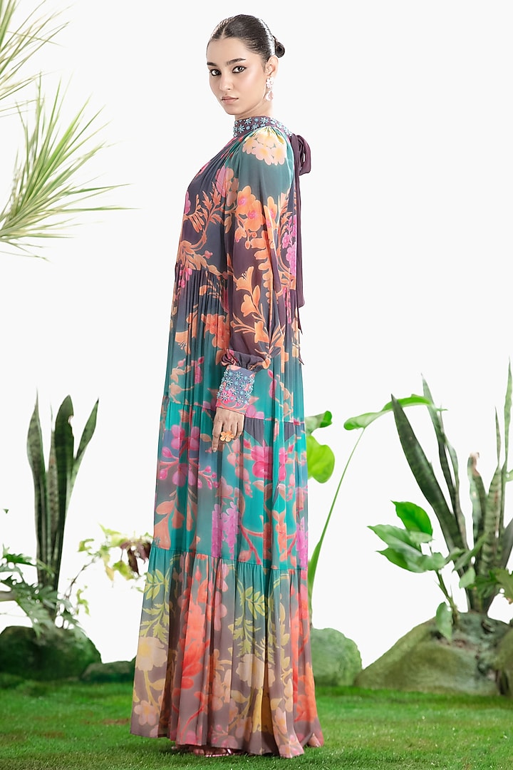 Teal Blue Crepe Printed Tiered Vacation Dress by SIDDHARTHA BANSAL at Pernia's Pop Up Shop