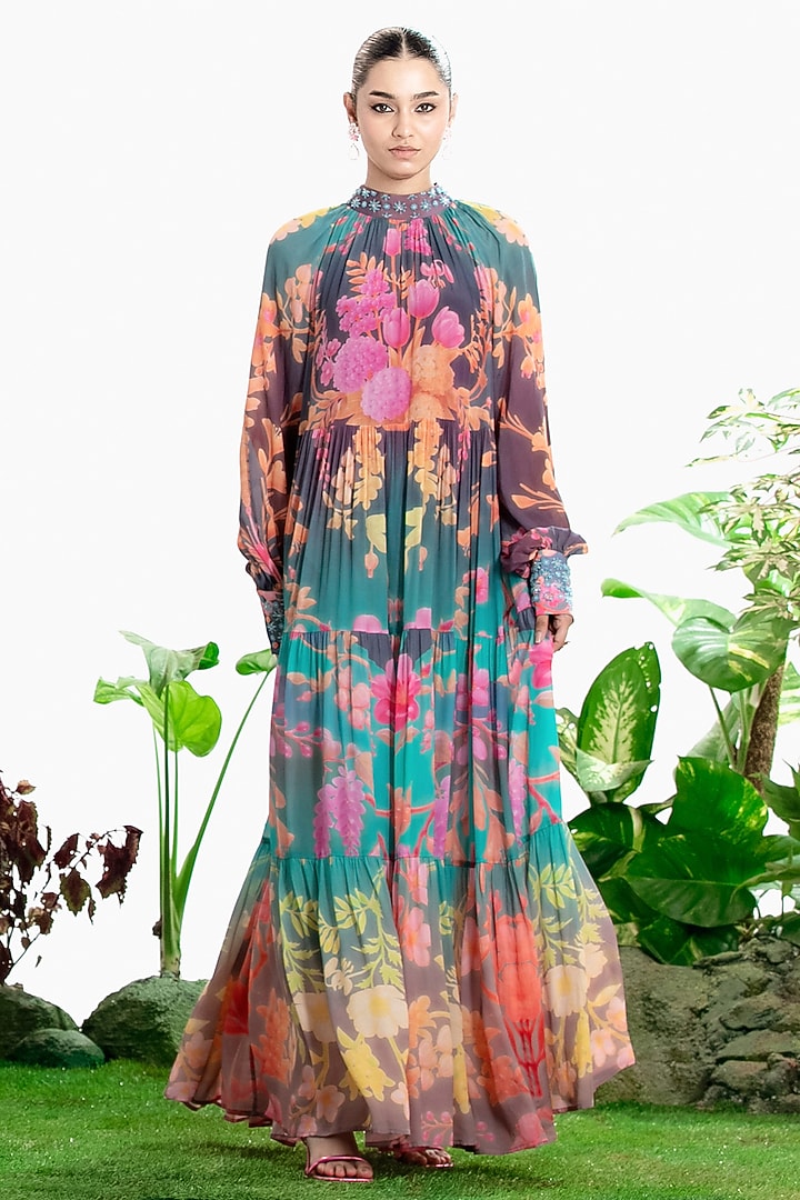 Teal Blue Crepe Printed Tiered Vacation Dress by SIDDHARTHA BANSAL at Pernia's Pop Up Shop