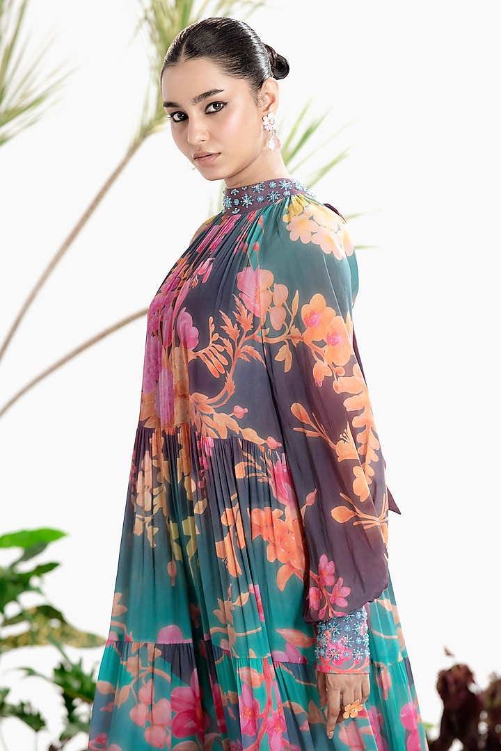 Teal Blue Crepe Printed Tiered Vacation Dress by SIDDHARTHA BANSAL at Pernia's Pop Up Shop