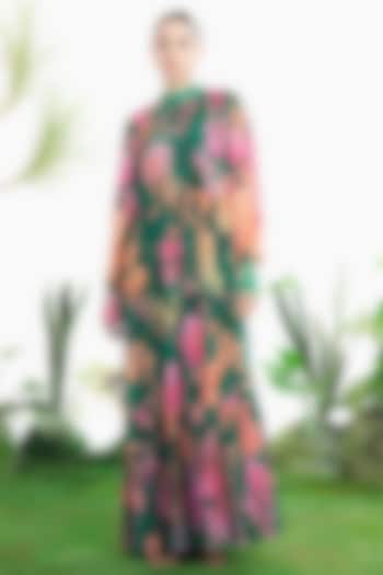 Teal Green Crepe Floral Printed Maxi Vacation Dress by SIDDHARTHA BANSAL at Pernia's Pop Up Shop