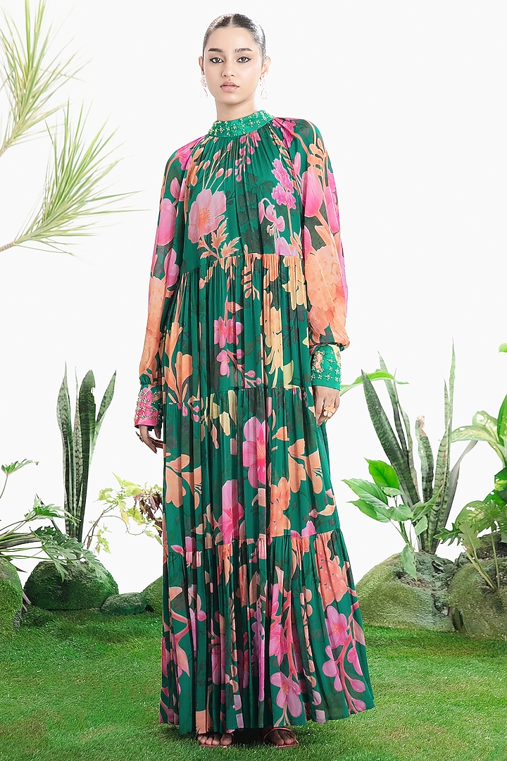 Teal Green Crepe Floral Printed Maxi Vacation Dress by SIDDHARTHA BANSAL at Pernia's Pop Up Shop