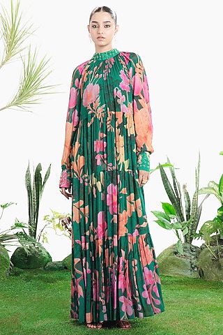 Teal Green Crepe Floral Printed Maxi Dress by SIDDHARTHA BANSAL