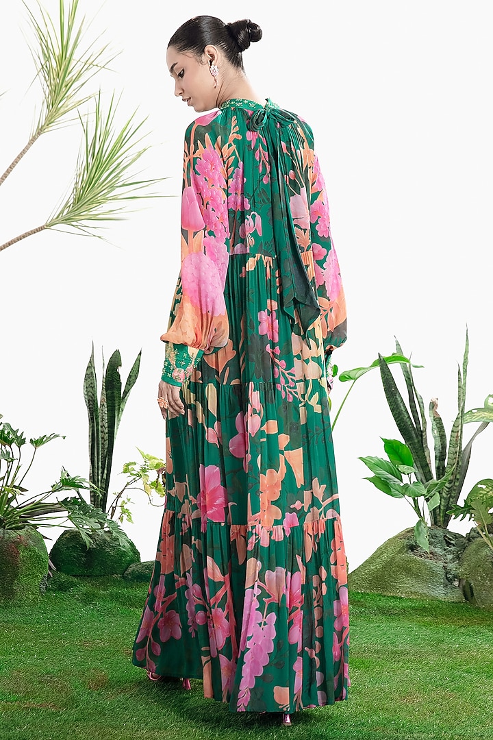 Teal Green Crepe Floral Printed Maxi Vacation Dress by SIDDHARTHA BANSAL at Pernia's Pop Up Shop
