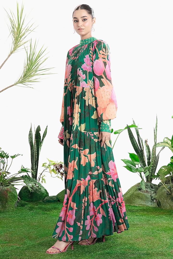 Teal Green Crepe Floral Printed Maxi Vacation Dress by SIDDHARTHA BANSAL at Pernia's Pop Up Shop