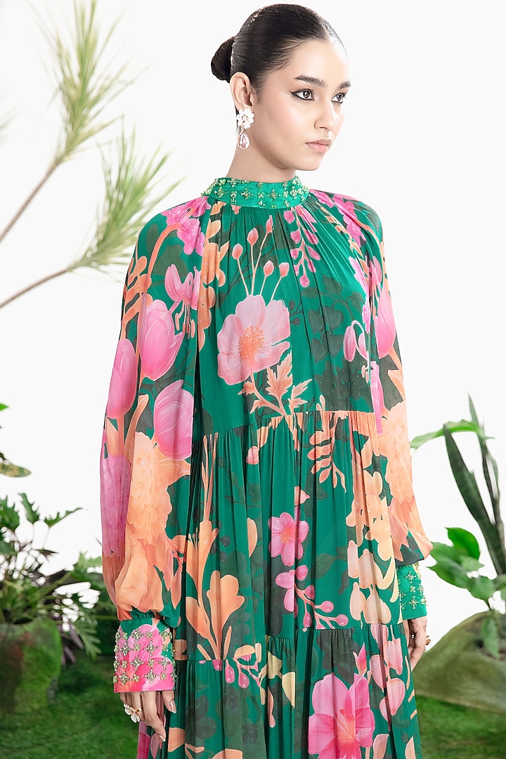 Teal Green Crepe Floral Printed Maxi Vacation Dress by SIDDHARTHA BANSAL at Pernia's Pop Up Shop
