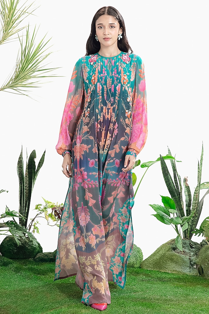 Blue Crepe Printed Kaftan Vacation Dress by SIDDHARTHA BANSAL at Pernia's Pop Up Shop