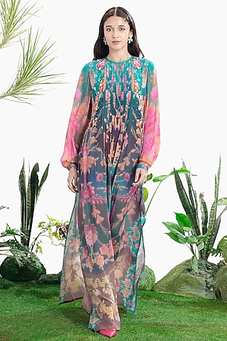 Blue Crepe Printed Kaftan Dress by SIDDHARTHA BANSAL