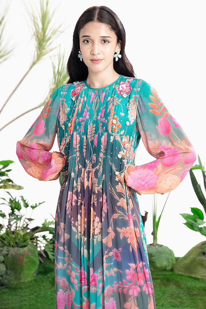 Blue Crepe Printed Kaftan Vacation Dress by SIDDHARTHA BANSAL at Pernia's Pop Up Shop