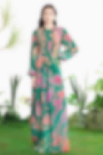 Teal Green Crepe Printed Kaftan Vacation Dress by SIDDHARTHA BANSAL at Pernia's Pop Up Shop