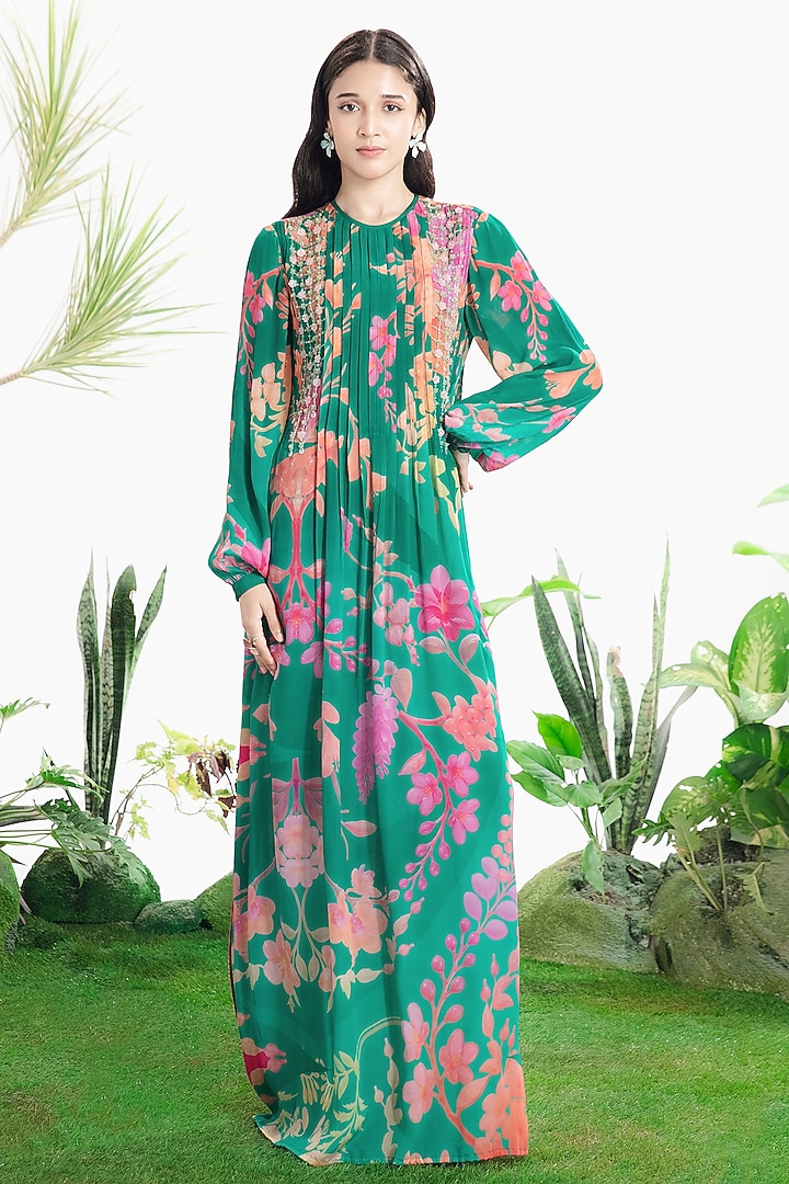 Teal Green Crepe Printed Kaftan Vacation Dress by SIDDHARTHA BANSAL at Pernia's Pop Up Shop