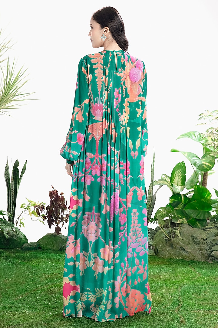 Teal Green Crepe Printed Kaftan Vacation Dress by SIDDHARTHA BANSAL at Pernia's Pop Up Shop