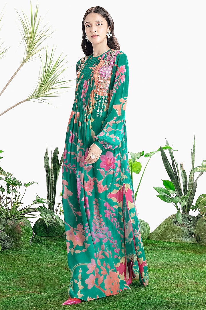 Teal Green Crepe Printed Kaftan Vacation Dress by SIDDHARTHA BANSAL at Pernia's Pop Up Shop