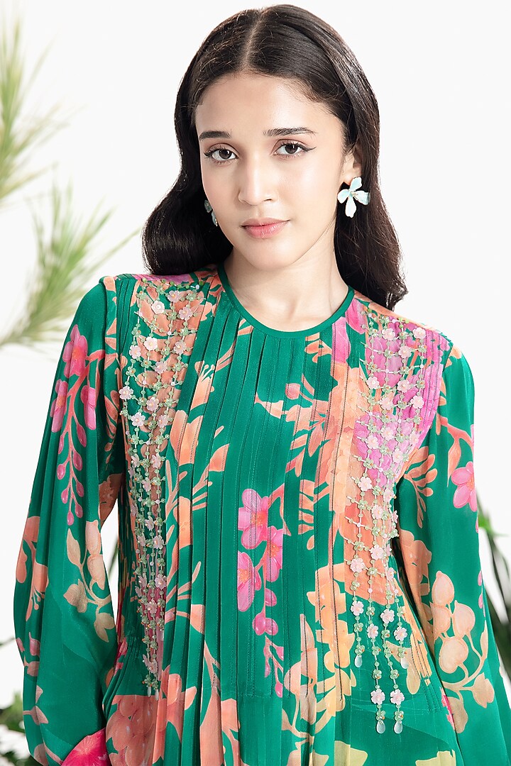 Teal Green Crepe Printed Kaftan Vacation Dress by SIDDHARTHA BANSAL at Pernia's Pop Up Shop