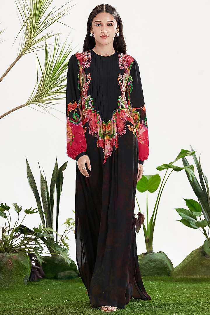Black Crepe Printed Kaftan Vacation Dress by SIDDHARTHA BANSAL at Pernia's Pop Up Shop