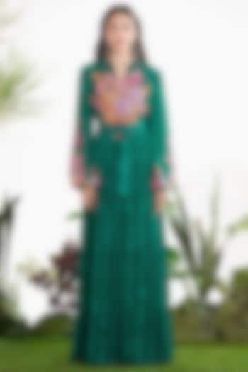 Teal Crepe Floral Hand Embroidered Maxi Vacation Dress by SIDDHARTHA BANSAL at Pernia's Pop Up Shop