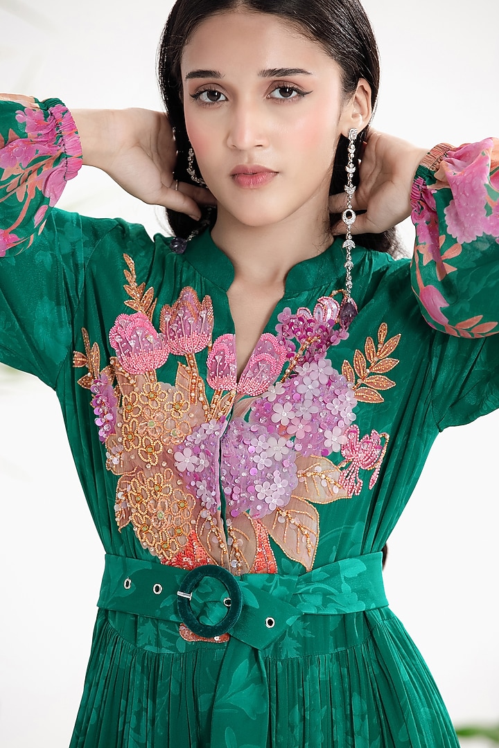 Teal Crepe Floral Hand Embroidered Maxi Vacation Dress by SIDDHARTHA BANSAL at Pernia's Pop Up Shop