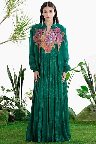 Teal Sheer Organza Hand Embroidered Jacket by SIDDHARTHA BANSAL