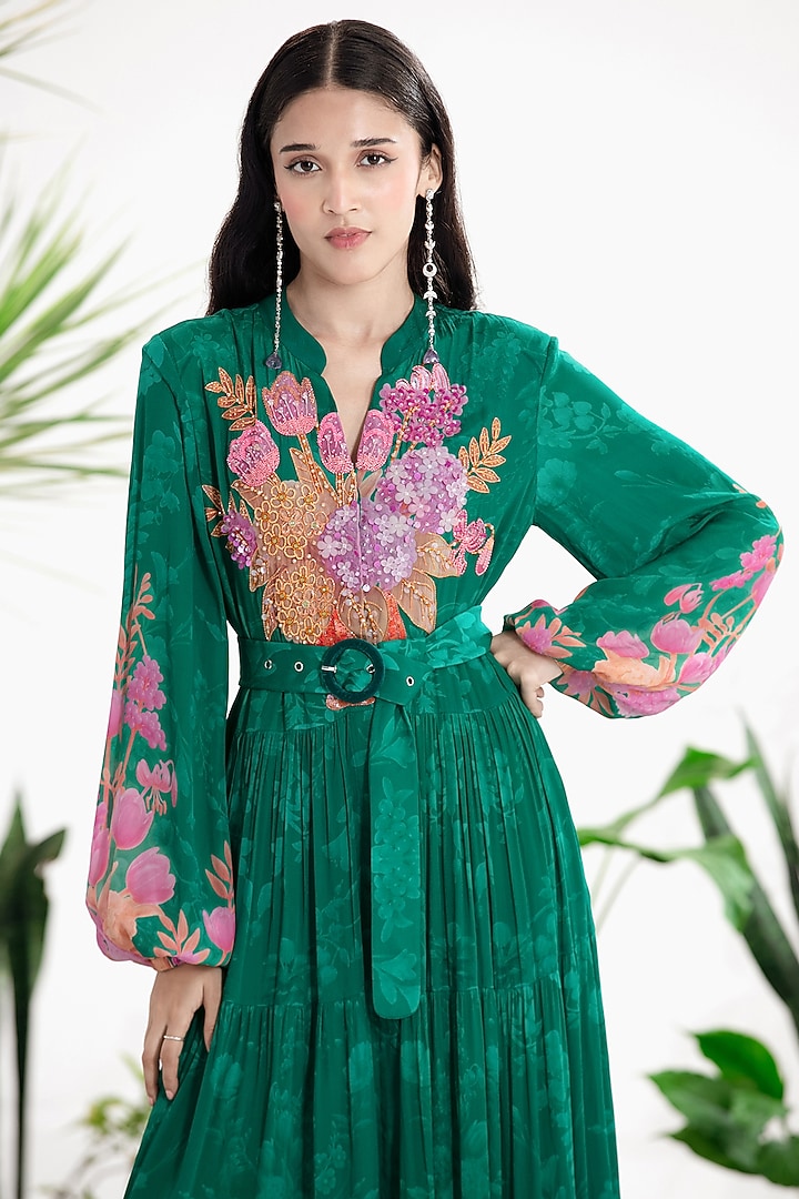 Teal Sheer Organza Hand Embroidered Jacket by SIDDHARTHA BANSAL at Pernia's Pop Up Shop