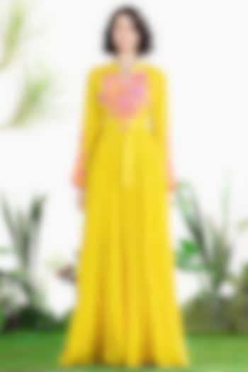 Yellow Crepe Motif Hand Embroidered Tiered Maxi Vacation Dress by SIDDHARTHA BANSAL at Pernia's Pop Up Shop