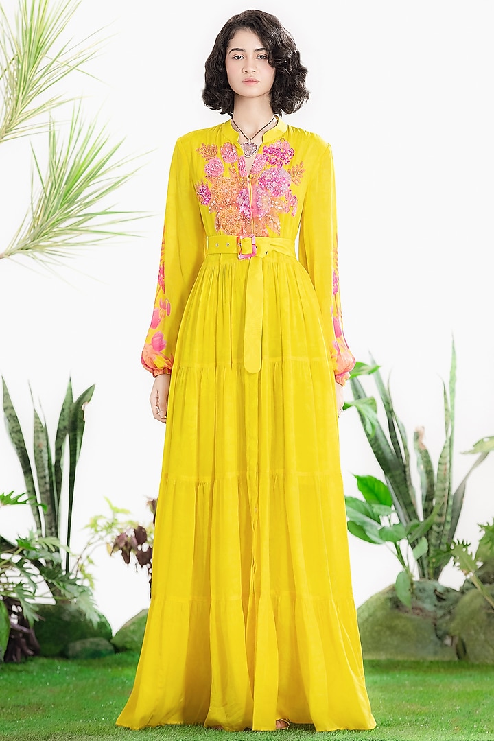 Yellow Crepe Motif Hand Embroidered Tiered Maxi Vacation Dress by SIDDHARTHA BANSAL at Pernia's Pop Up Shop