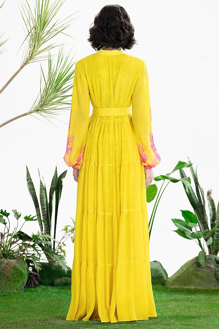 Yellow Crepe Motif Hand Embroidered Tiered Maxi Vacation Dress by SIDDHARTHA BANSAL at Pernia's Pop Up Shop